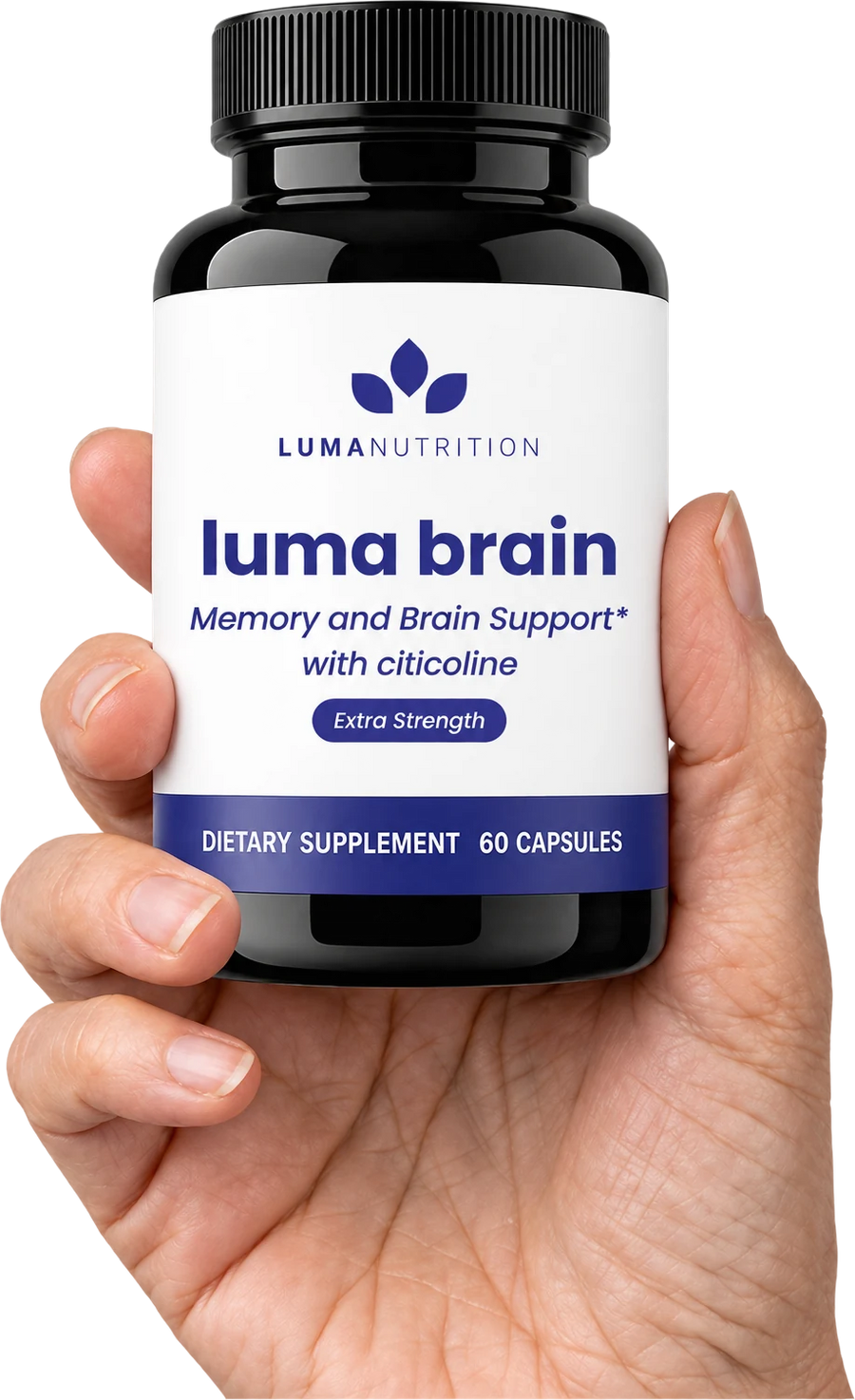 A hand holding a bottle of Luma Brain