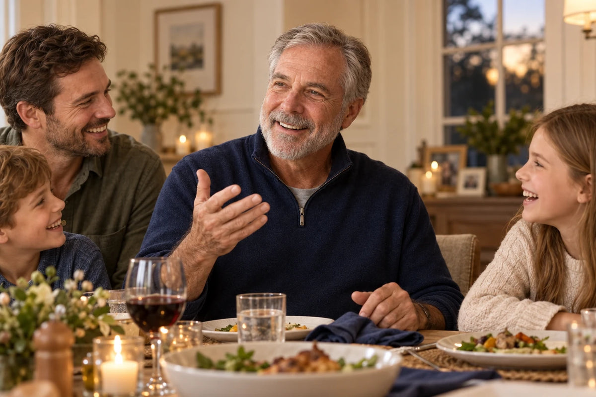 A woman around 60 telling a story at a family dinner while everyone listens
