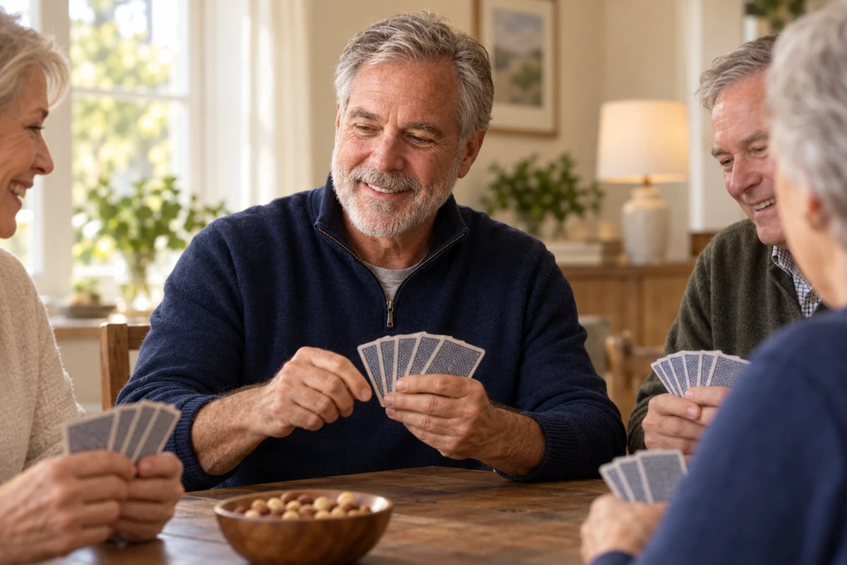 A man around 60 at a card table with friends, focused on his hand and enjoying the game