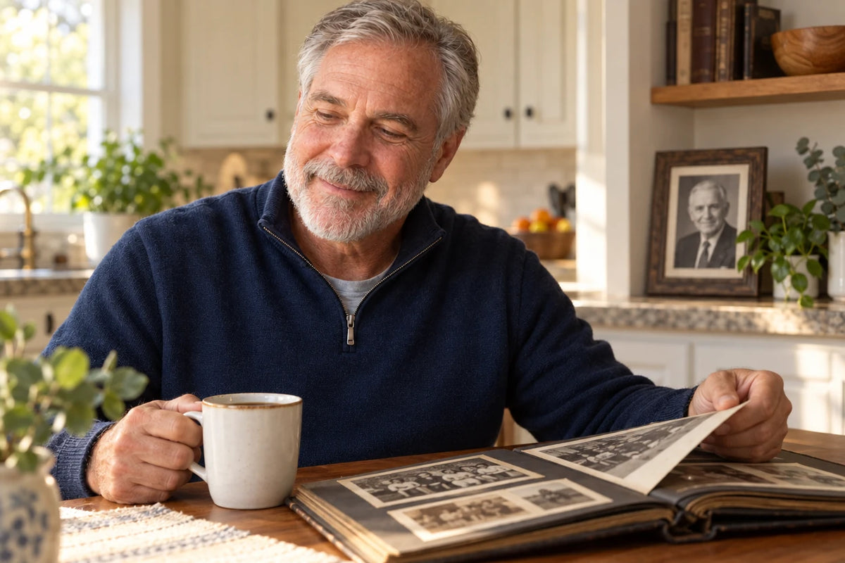 A woman around 60 at her kitchen table in the morning, looking through a family photo album
