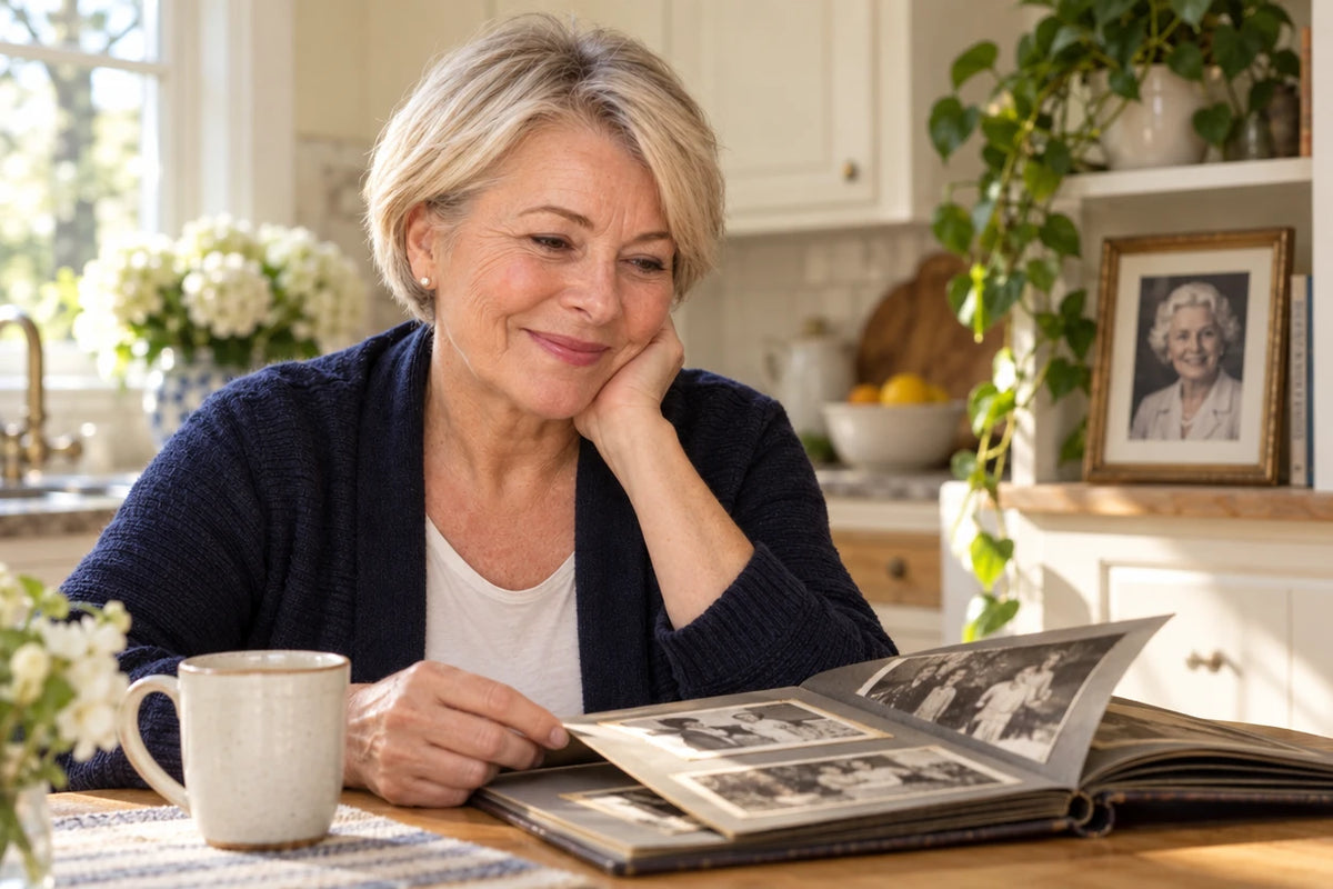 A woman around 60 at her kitchen table in the morning, looking through a family photo album