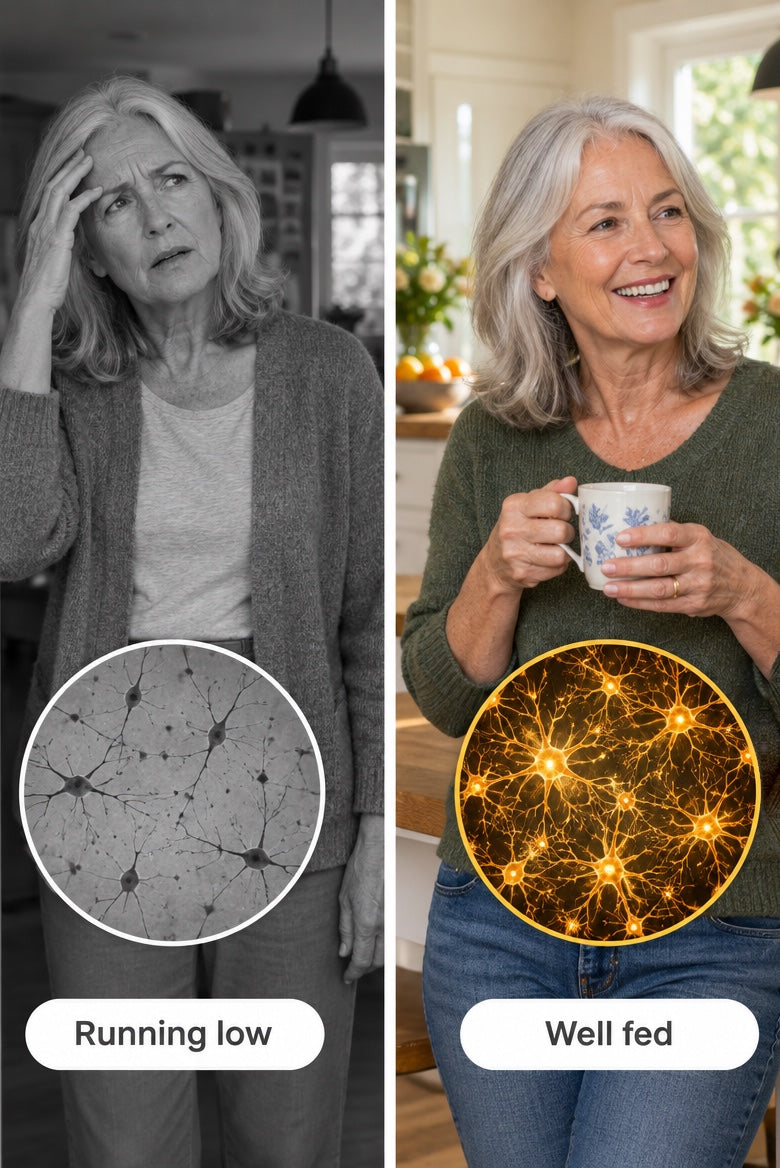 The same woman shown twice: puzzled in a doorway with sparse brain cells labelled Running low, and smiling with dense brain cells labelled Well fed