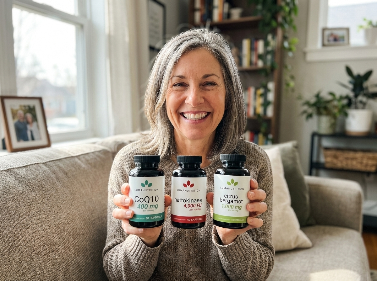 Luma customer holding her Heart Health Protocol bottles