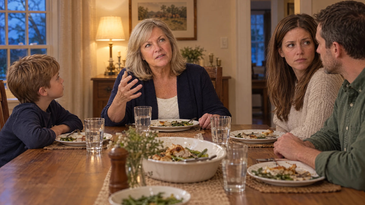 Diane, 62, at the head of her family dinner table, one hand lifted mid-story, searching for a word while her grandson waits and her daughter glances at her husband