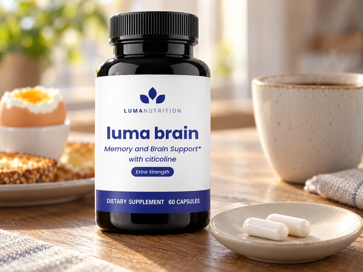 Luma Brain beside two capsules on a saucer and a breakfast of a boiled egg, toast and coffee
