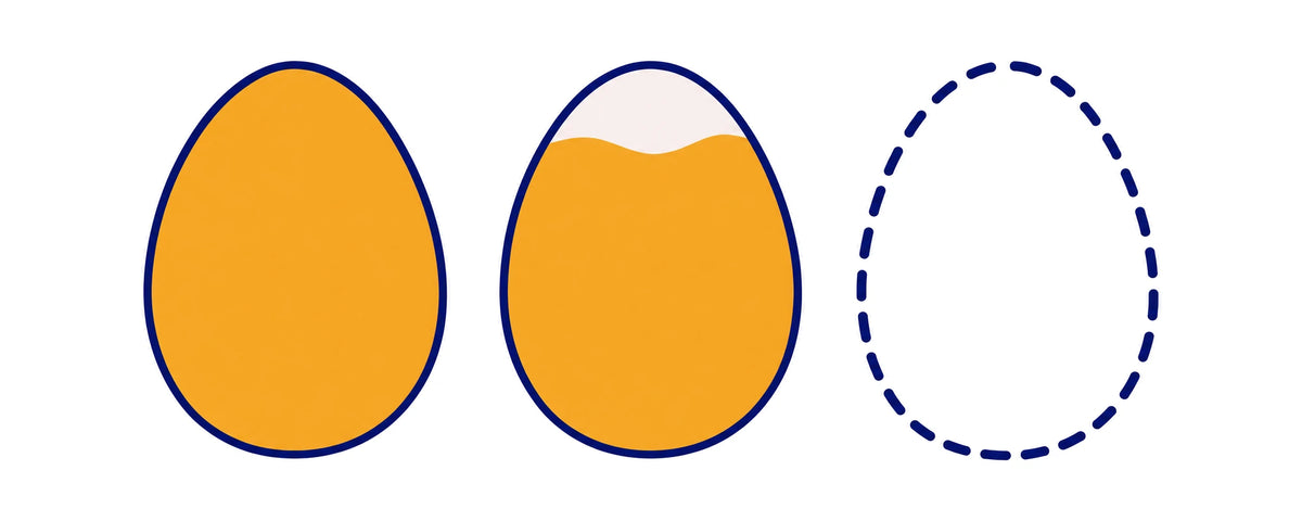Three eggs in a row: two filled, the third empty, the daily choline gap of about one egg