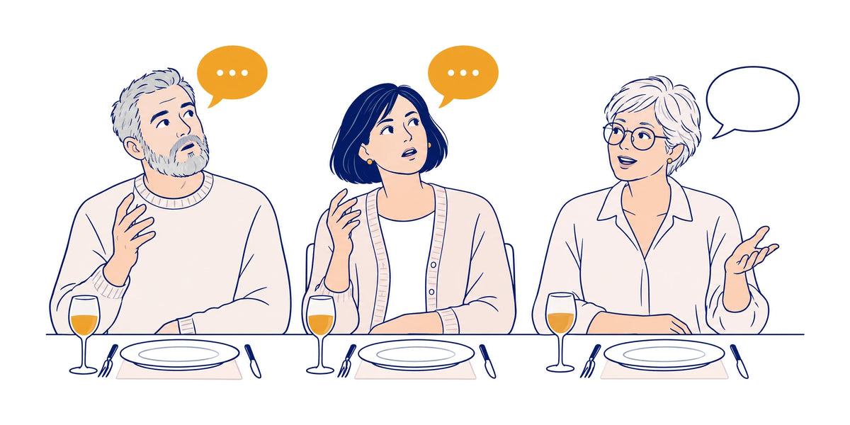 Three different adults at a dinner table: two of them have stopped mid-sentence, searching for a word, while the third talks easily