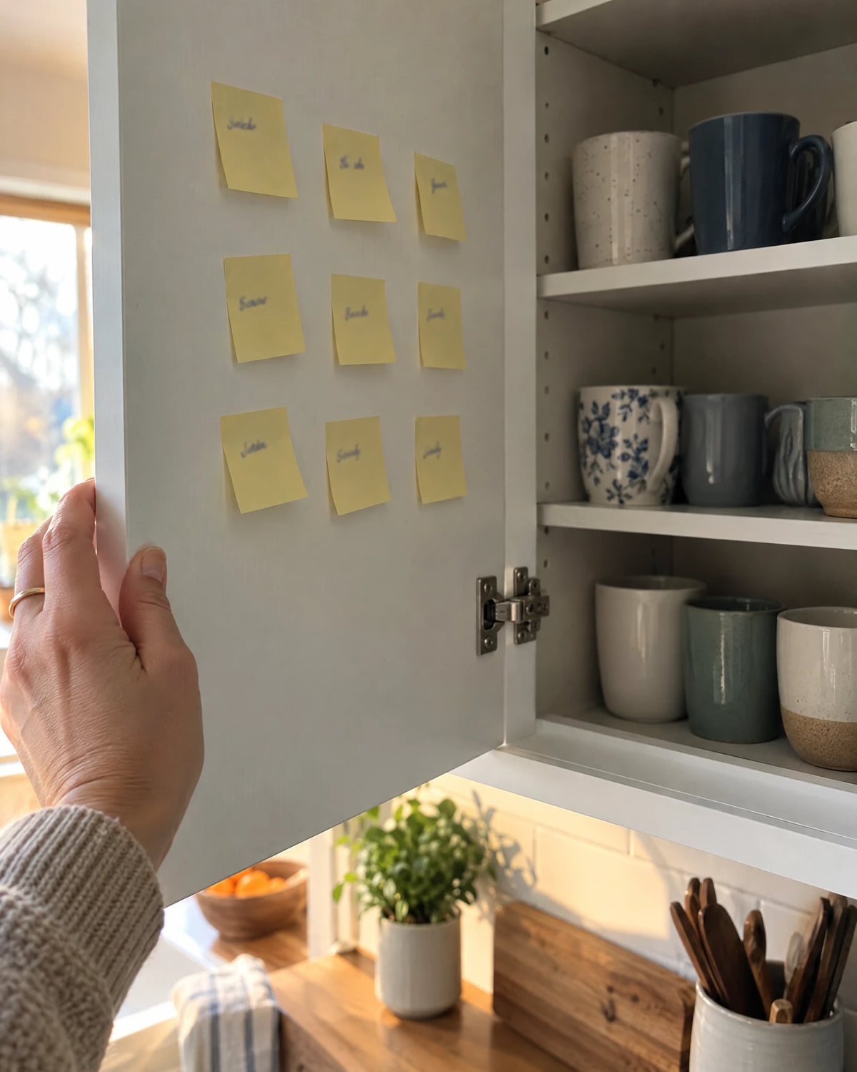 Nine yellow sticky notes, one forgotten word on each, stuck inside the cupboard door where she keeps the mugs