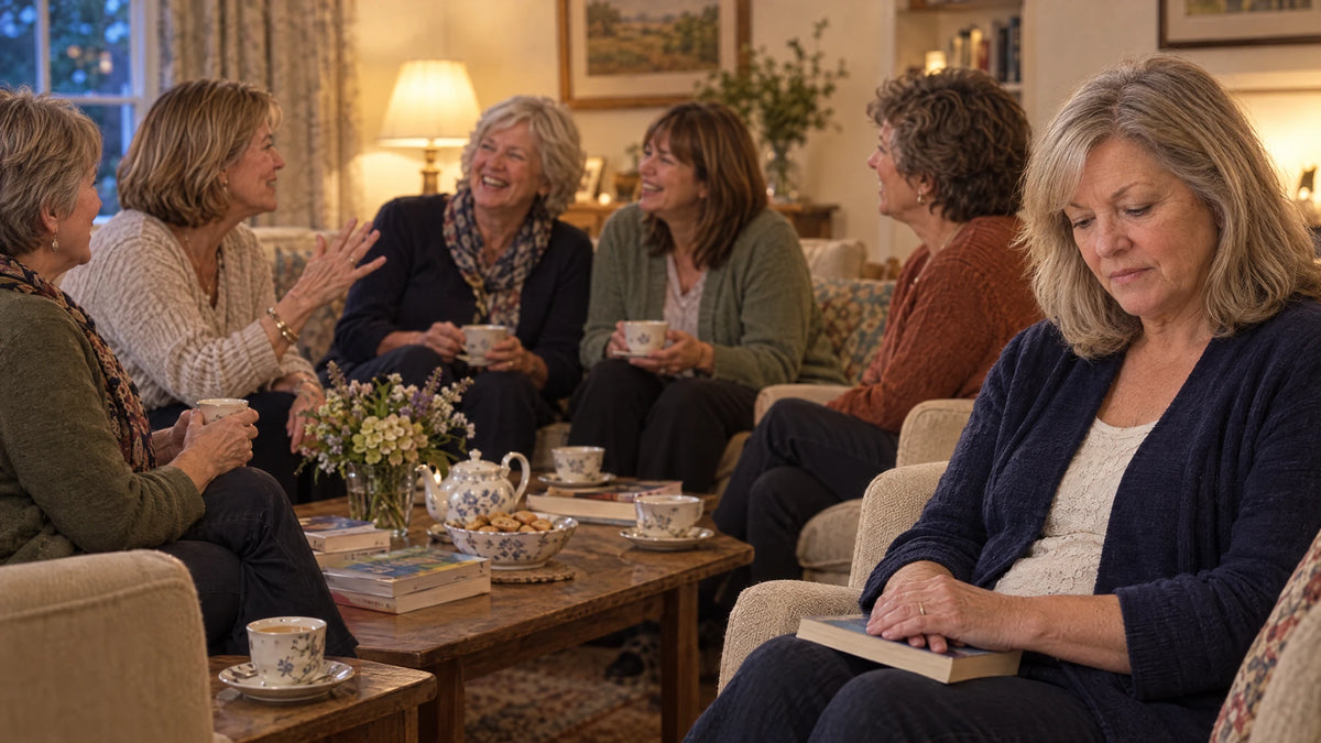 Diane sitting quietly at her book club with the closed book on her lap while the other women talk and laugh
