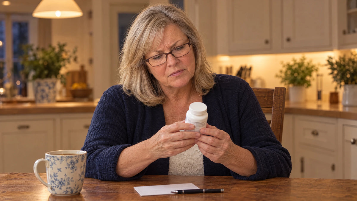 Diane at her kitchen table at night with her reading glasses on, frowning at the back label of her memory pill bottle
