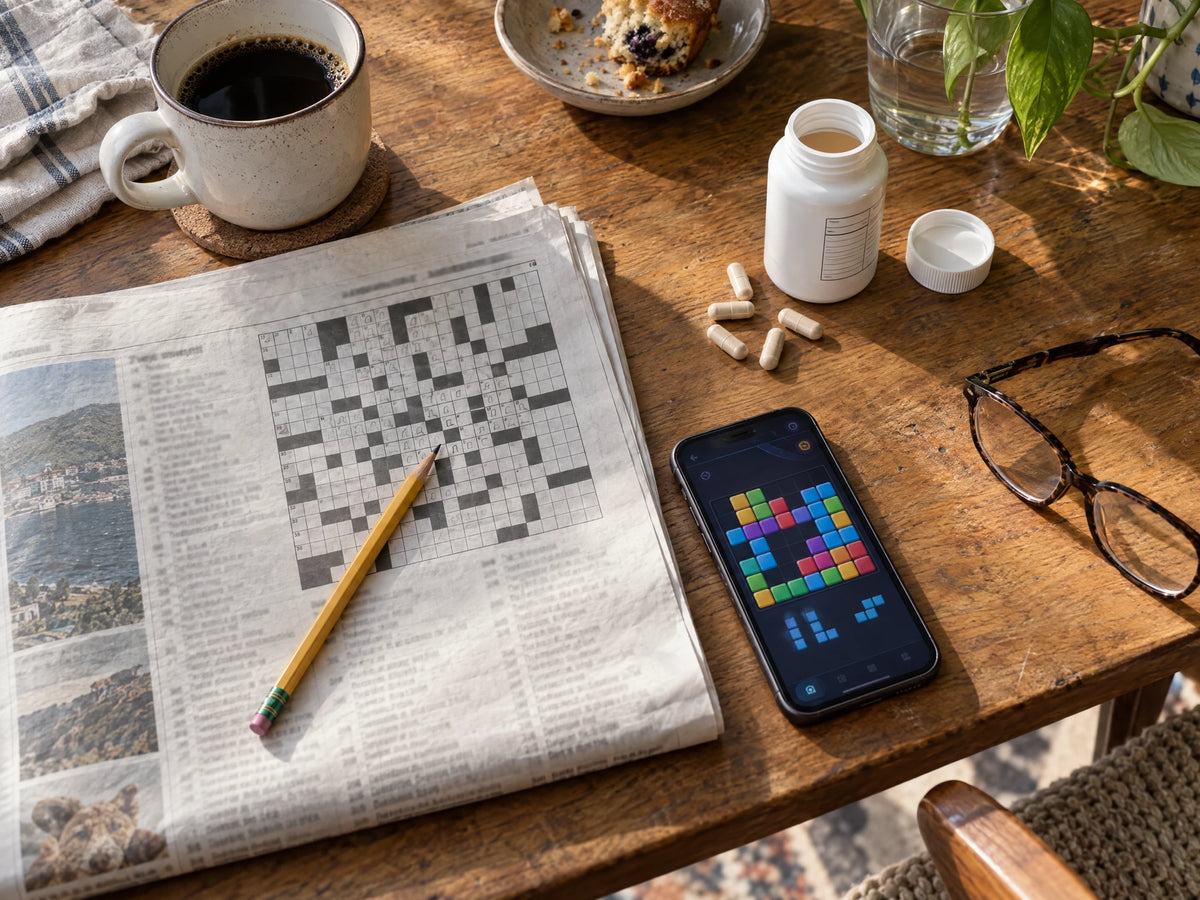 A half-finished crossword, a brain-game app on a phone and a plain memory pill bottle with capsules spilled beside it on a kitchen table