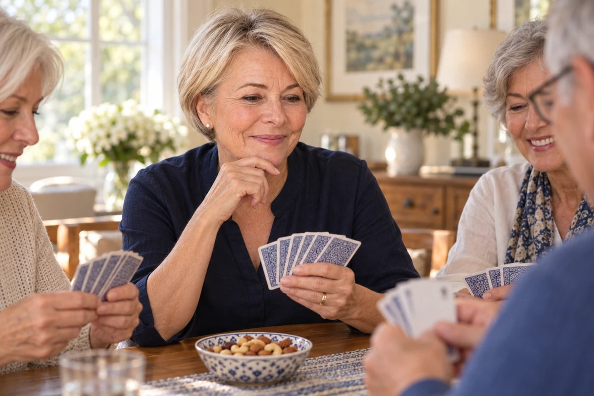 A man around 60 at a card table with friends, focused on his hand and enjoying the game