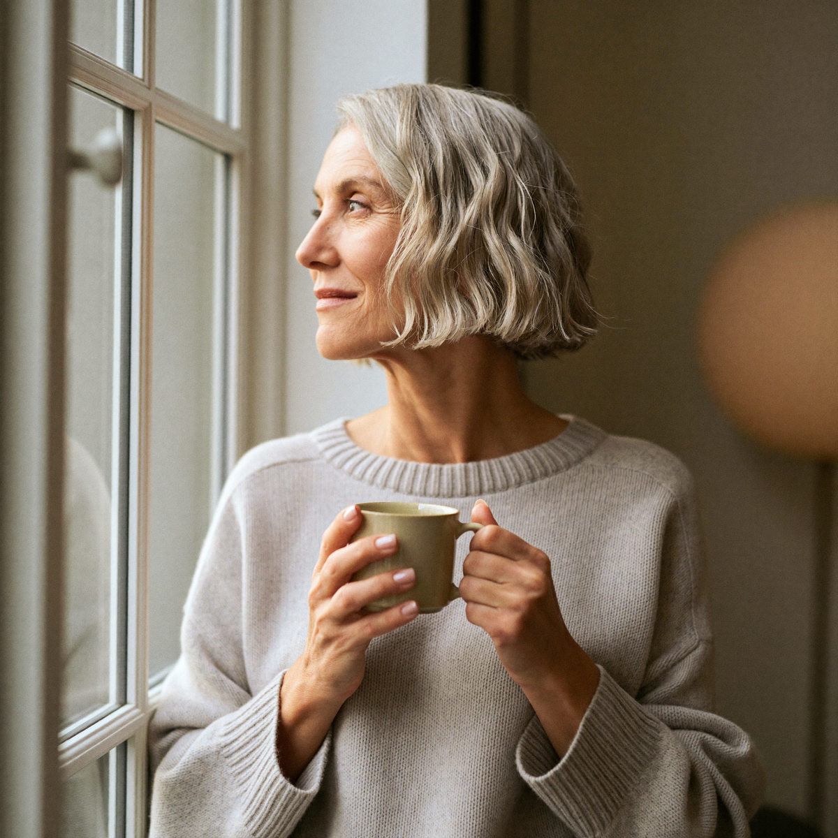 Woman in her 50s by a window holding a warm mug, reflective