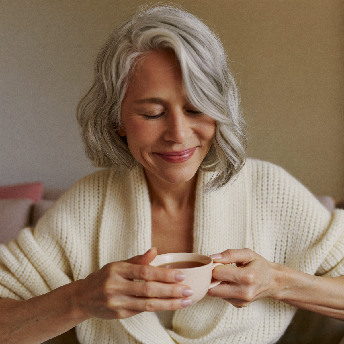 Woman in her 50s wrapped in a cardigan warming her hands around tea