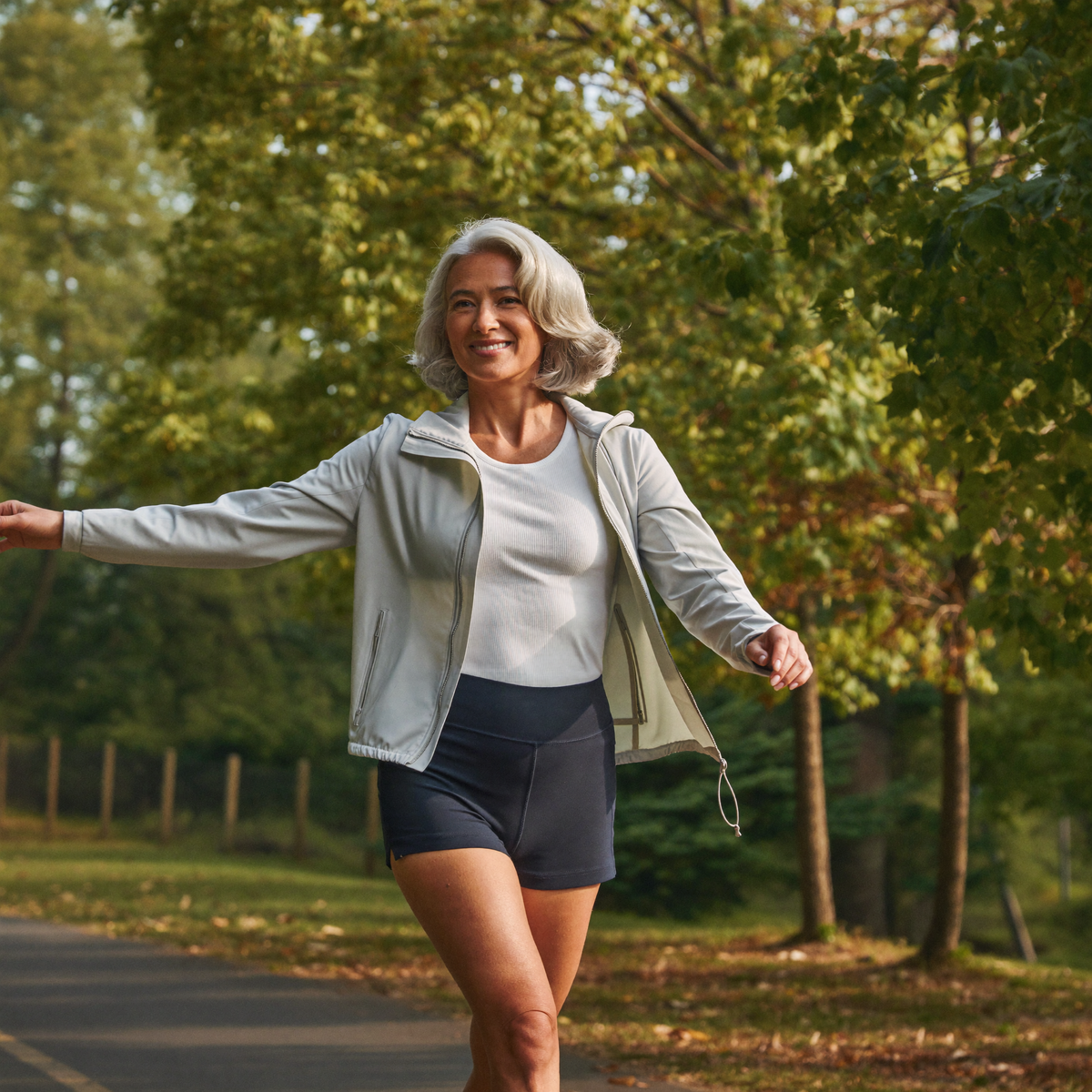 Woman in her 50s walking outdoors on a tree-lined path, healthy and active