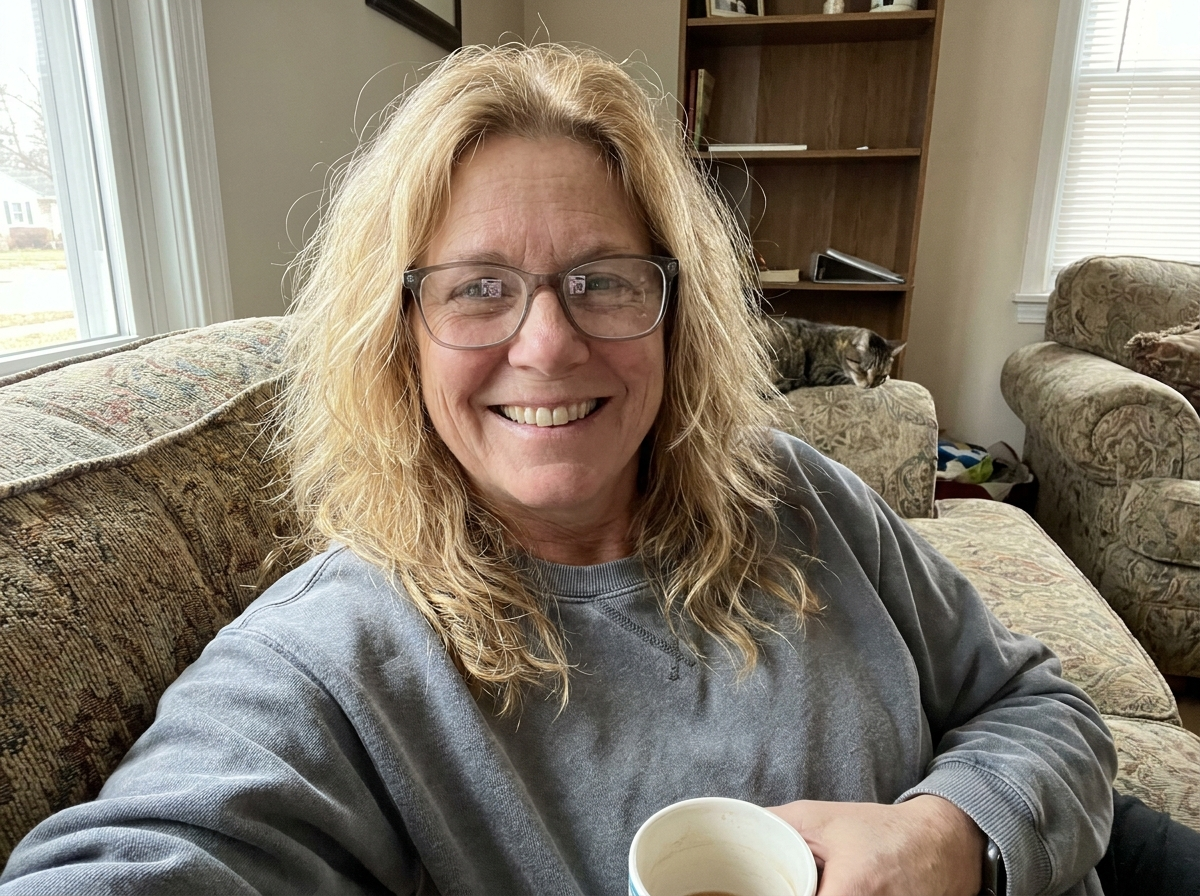 Blonde woman in her 50s relaxing on the couch with a cup of coffee