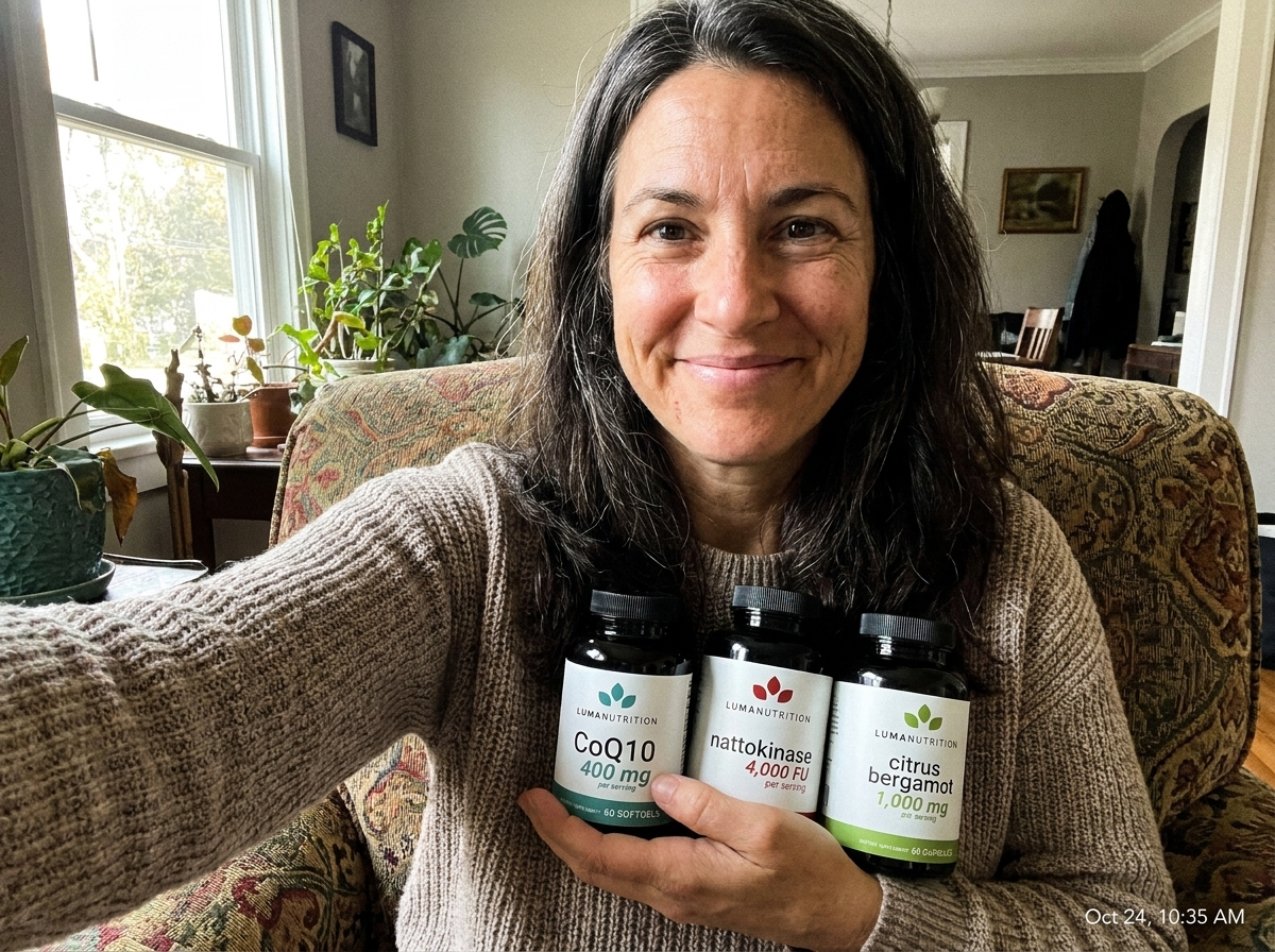 Woman in her 50s holding the Luma Nutrition Heart Health Bundle — CoQ10, Nattokinase, Citrus Bergamot