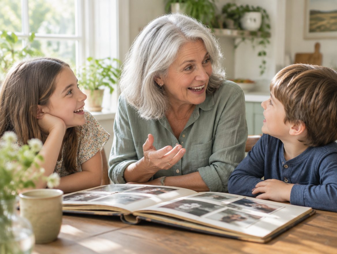 Grandmother telling a story to her two grandchildren over a photo album