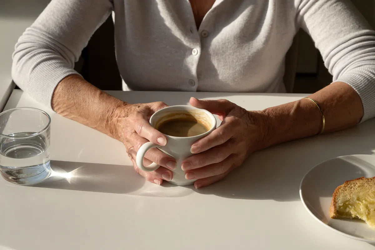 Hands around a mug at a breakfast table