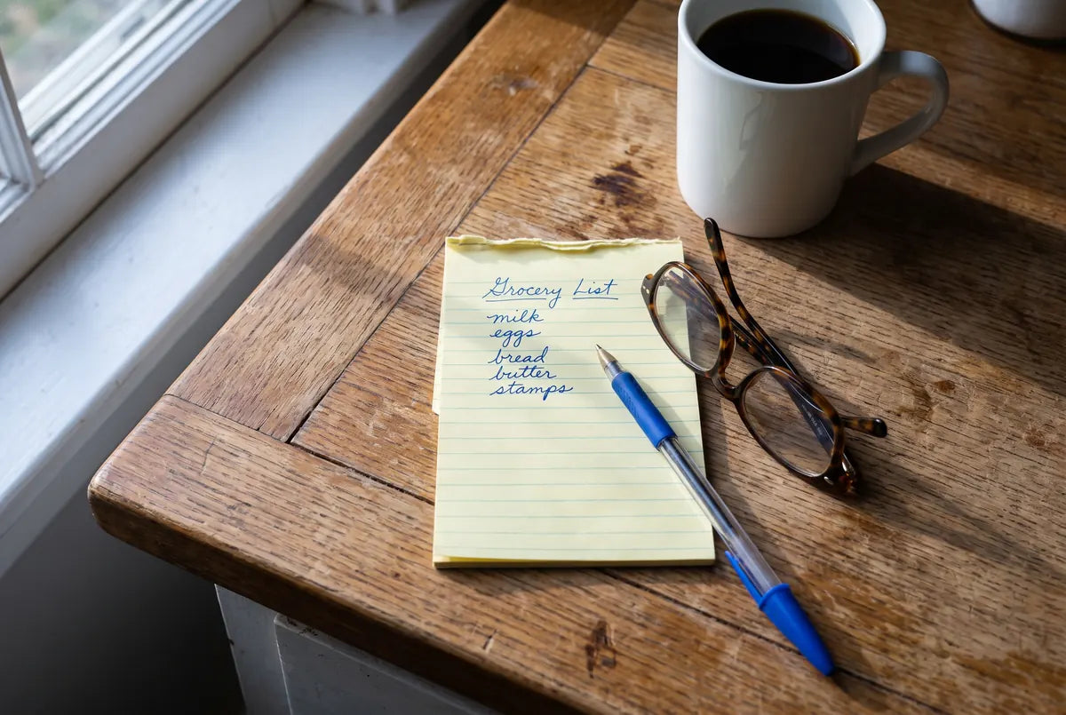 A handwritten grocery list, reading glasses and a mug on a kitchen counter