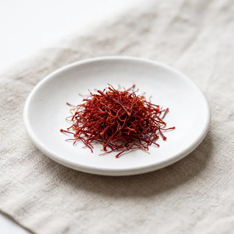 Saffron threads on a white dish