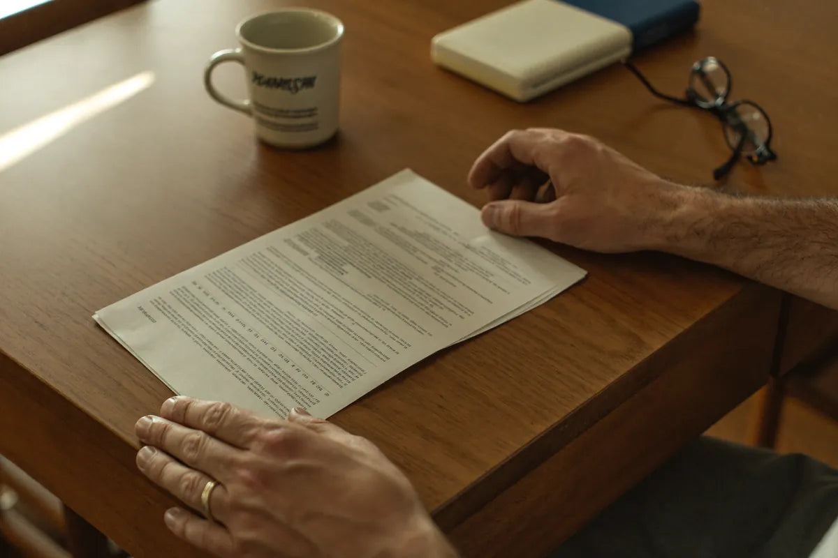 A lab results page on a kitchen table beside a mug and reading glasses